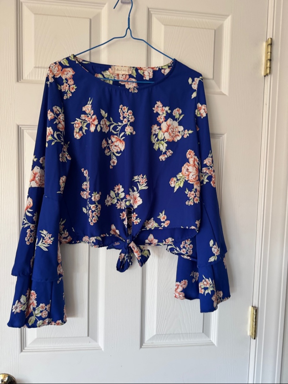 Altar'd State Floral Tie-Front Long-Flowy Sleeved Blue Floral Top - Size M